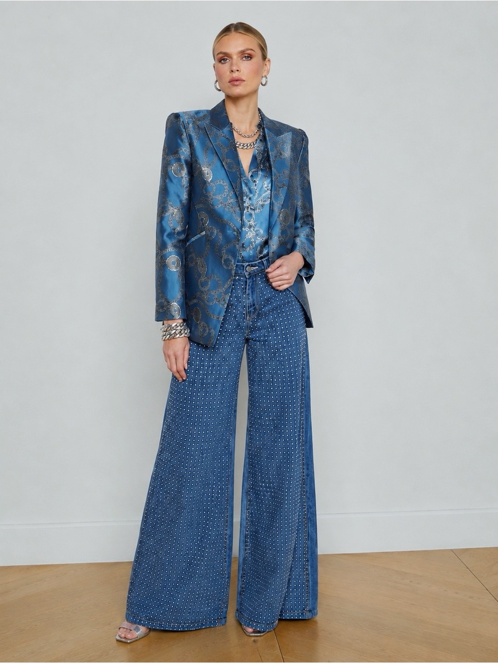 NWT L'AGENCE  Sheila Longline Jacquard Blue Silver Good Luck Chain Blazer Sz 8 - Picture 3 of 16